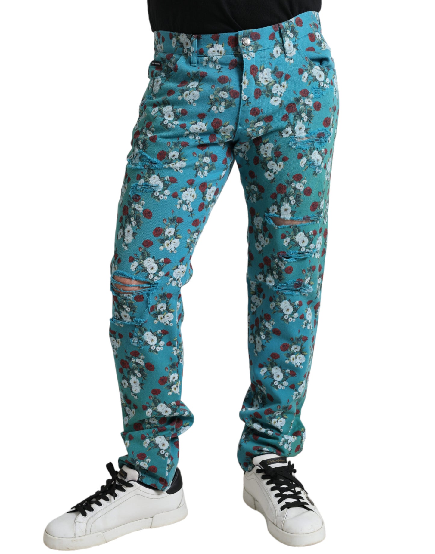 Pantalones Dolce & Gabbana de mezclilla ajustados de algodón con estampado floral azul