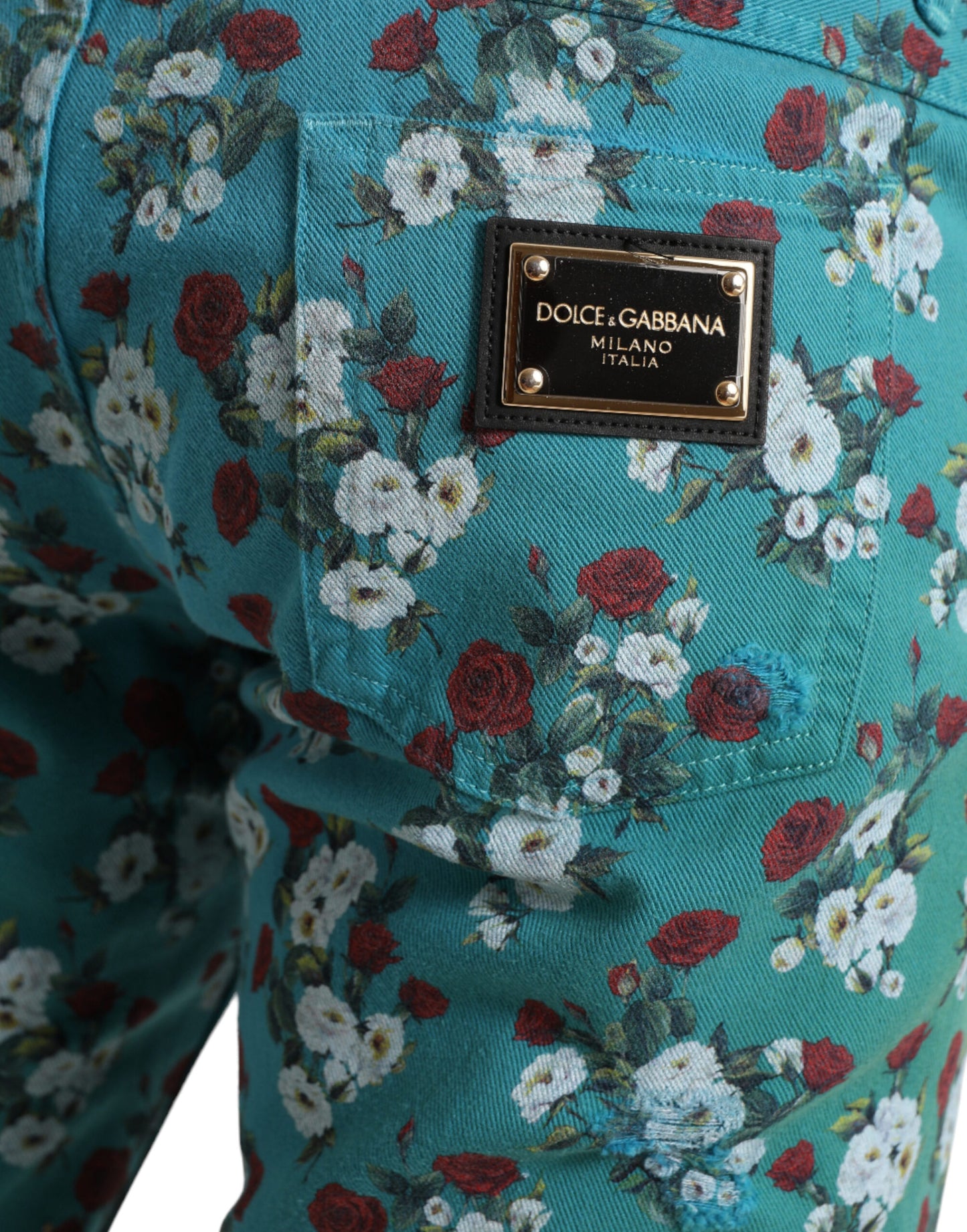 Pantalones Dolce & Gabbana de mezclilla ajustados de algodón con estampado floral azul
