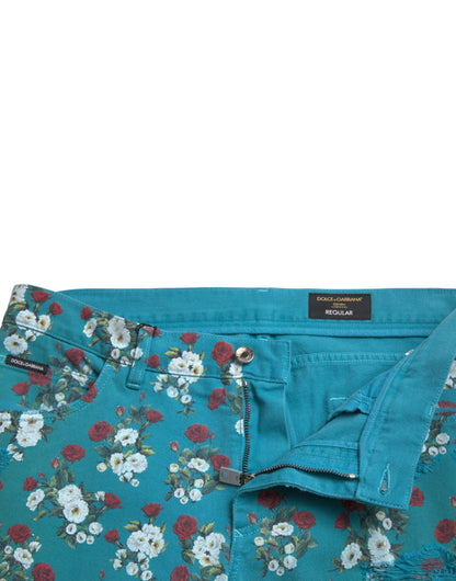 Pantalones Dolce & Gabbana de mezclilla ajustados de algodón con estampado floral azul