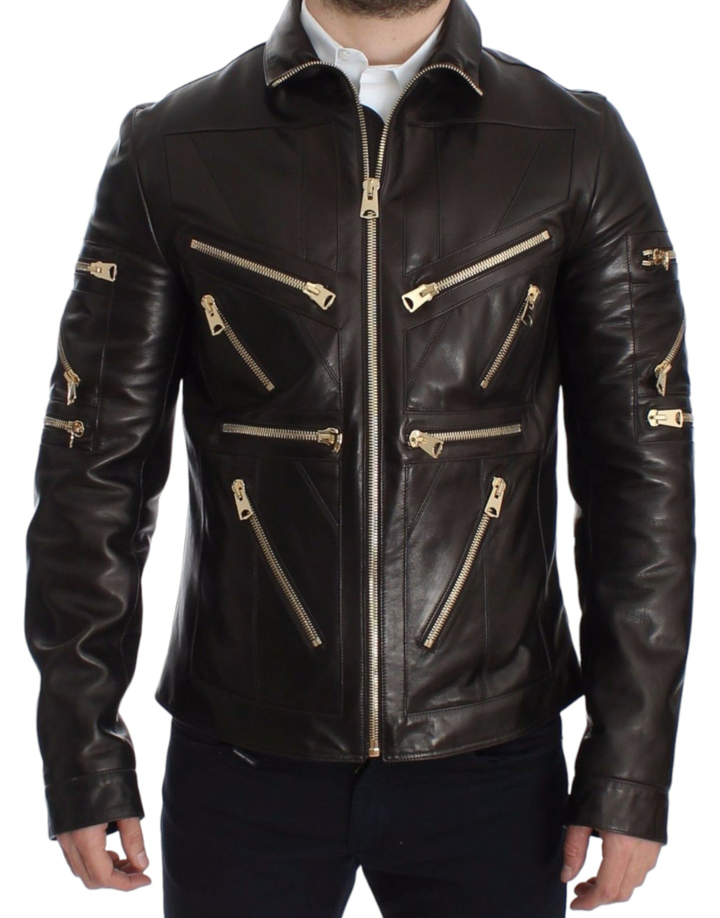 Chaqueta con cremallera de piel de cordero marrón Dolce & Gabbana