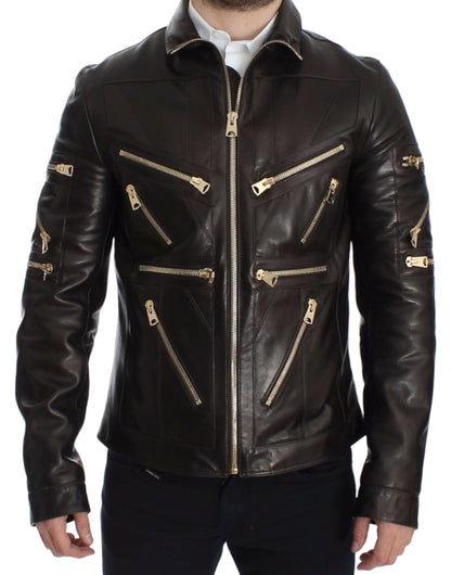 Chaqueta con cremallera de piel de cordero marrón Dolce & Gabbana