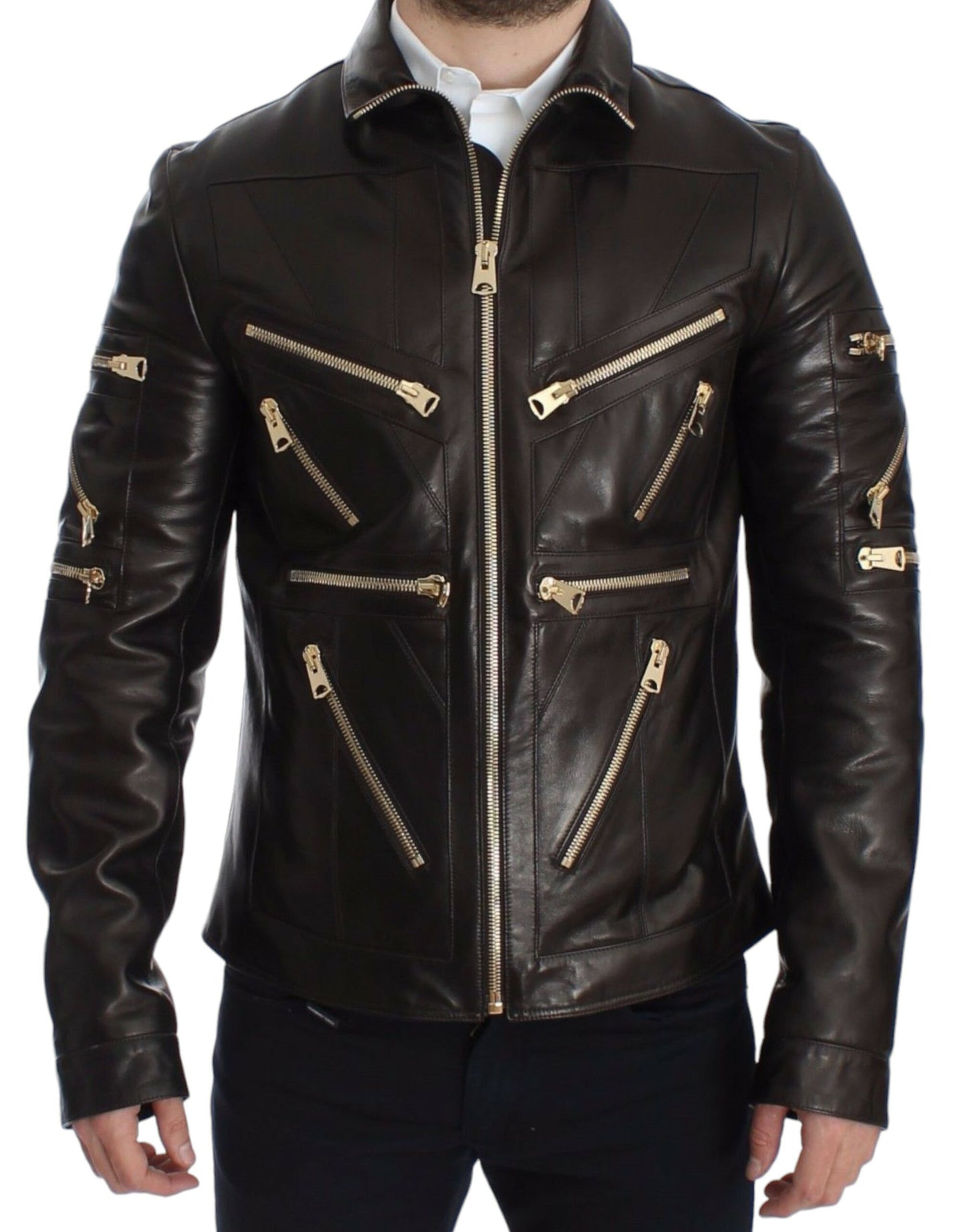 Chaqueta con cremallera de piel de cordero marrón Dolce & Gabbana