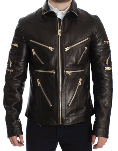 Chaqueta con cremallera de piel de cordero marrón Dolce & Gabbana