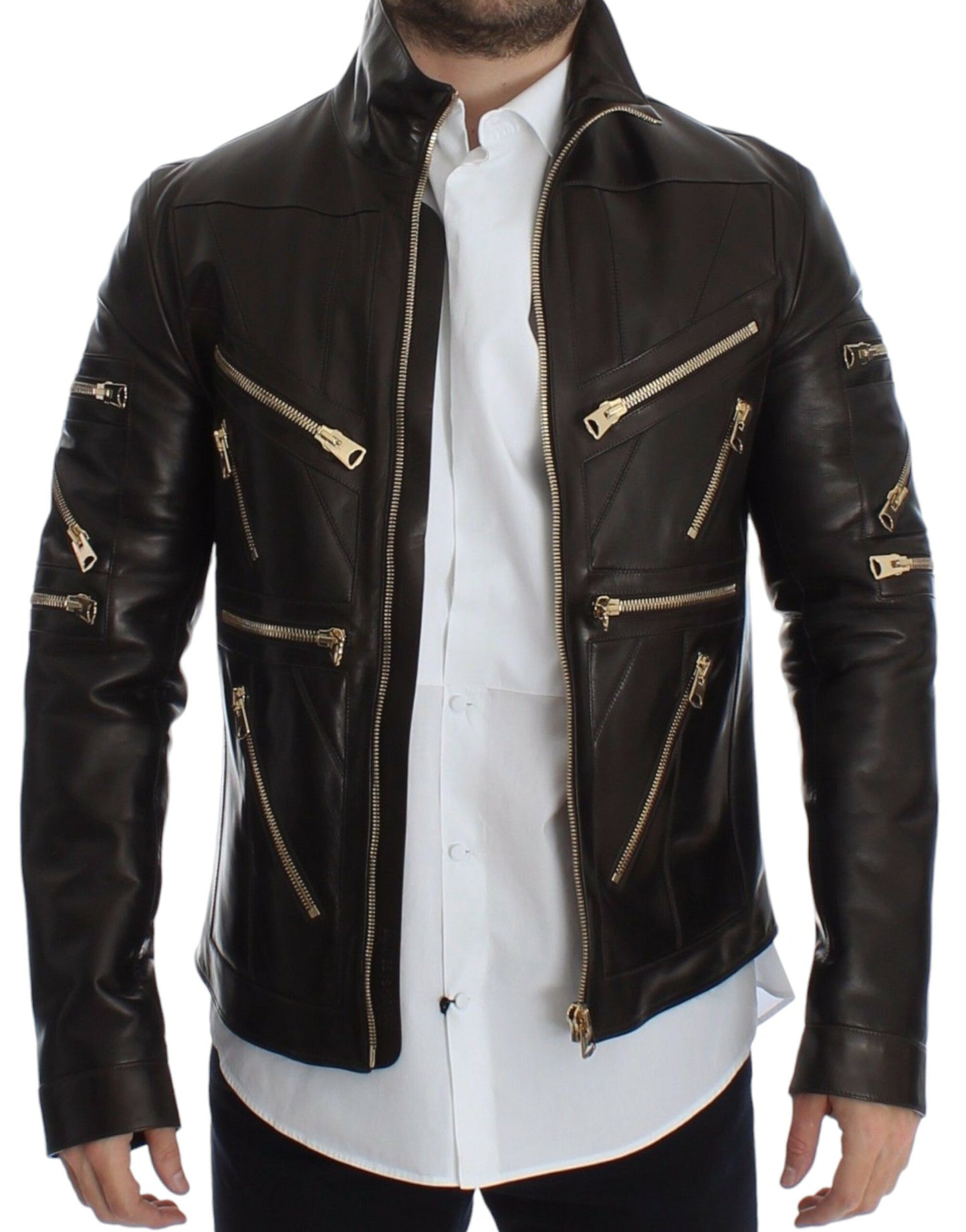 Chaqueta con cremallera de piel de cordero marrón Dolce & Gabbana