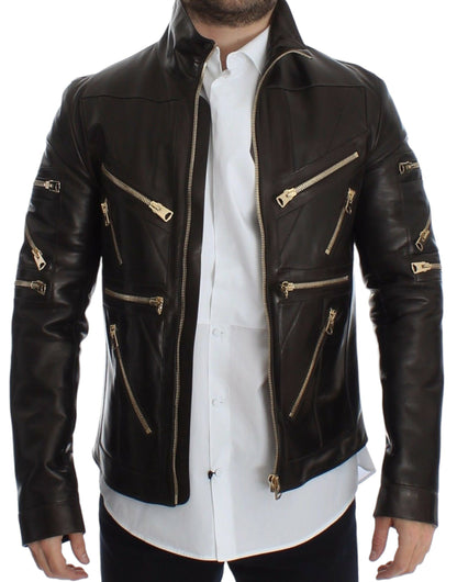 Chaqueta con cremallera de piel de cordero marrón Dolce & Gabbana