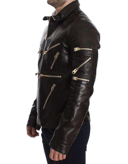 Chaqueta con cremallera de piel de cordero marrón Dolce & Gabbana