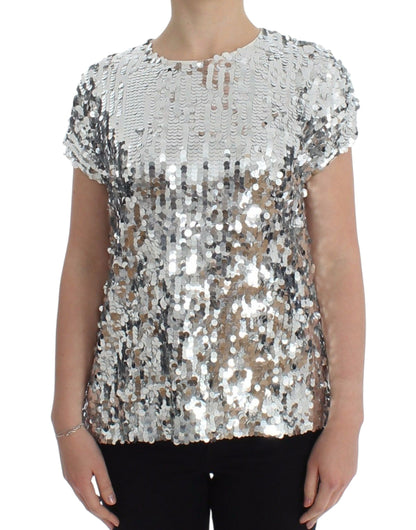 Dolce & Gabbana Blusa de Lentejuelas Plateadas Cuello Redondo Camiseta Top