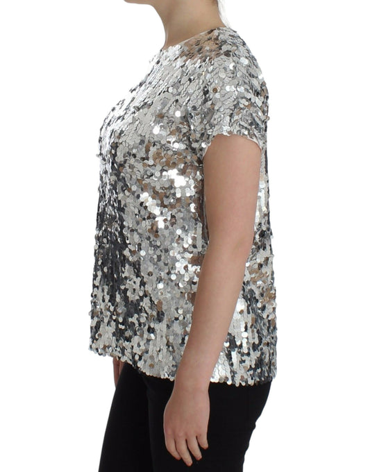Dolce & Gabbana Blusa de Lentejuelas Plateadas Cuello Redondo Camiseta Top