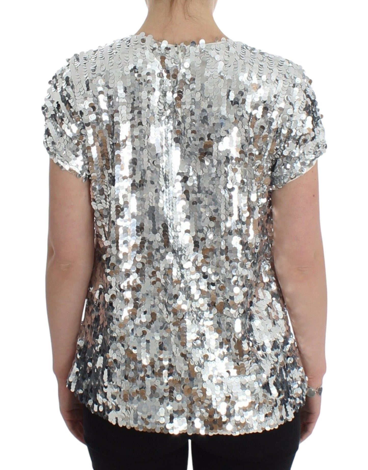 Dolce & Gabbana Blusa de Lentejuelas Plateadas Cuello Redondo Camiseta Top