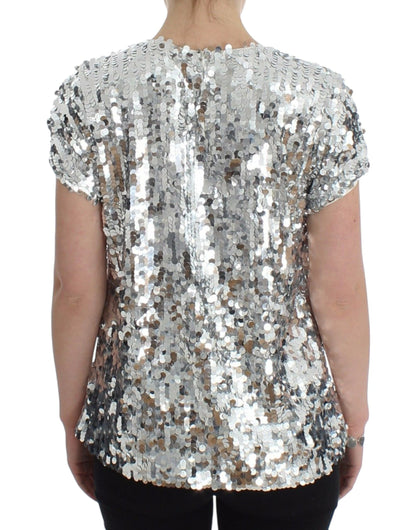 Dolce & Gabbana Blusa de Lentejuelas Plateadas Cuello Redondo Camiseta Top
