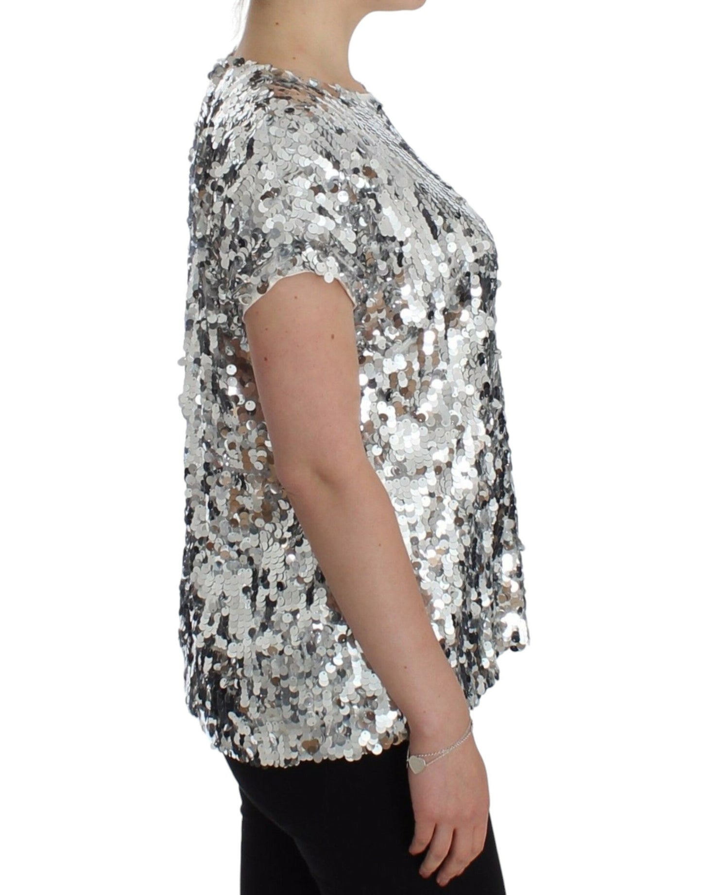 Dolce & Gabbana Blusa de Lentejuelas Plateadas Cuello Redondo Camiseta Top