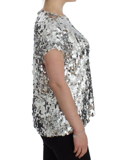 Dolce & Gabbana Blusa de Lentejuelas Plateadas Cuello Redondo Camiseta Top