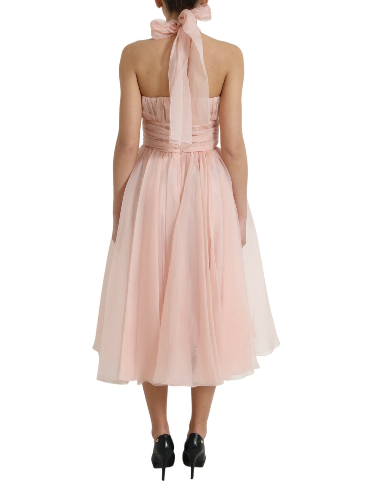 Vestido midi plisado de gasa de seda rosa con cuello halter de Dolce & Gabbana