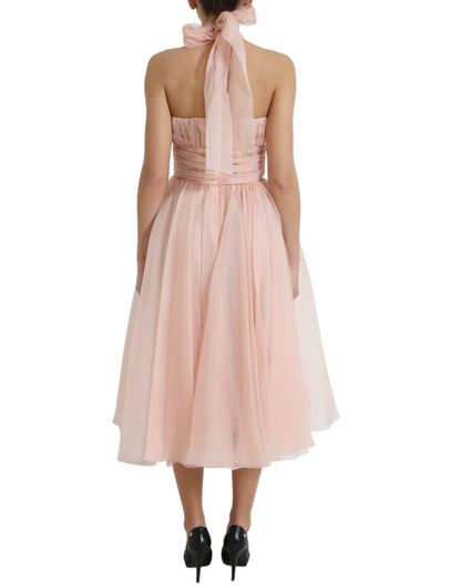Vestido midi plisado de gasa de seda rosa con cuello halter de Dolce & Gabbana