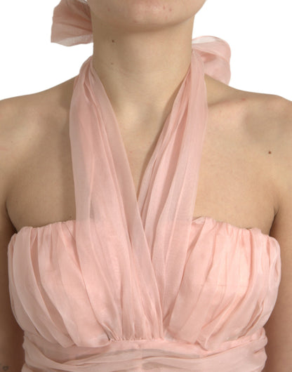 Vestido midi plisado de gasa de seda rosa con cuello halter de Dolce & Gabbana