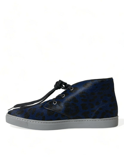 Zapatillas Dolce & Gabbana de media caña de piel de becerro azul con estampado de leopardo