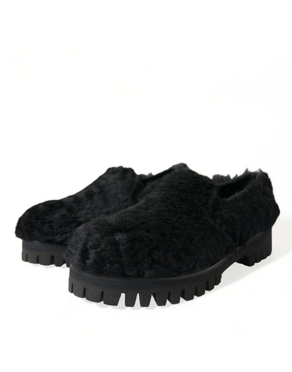 Dolce & Gabbana Zapatos de vestir con pantuflas de cuero con pelo negros
