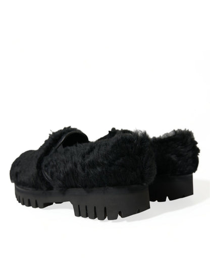 Dolce & Gabbana Zapatos de vestir con pantuflas de cuero con pelo negros