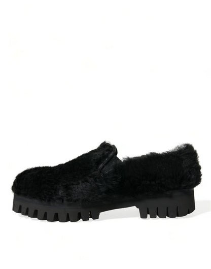 Dolce & Gabbana Zapatos de vestir con pantuflas de cuero con pelo negros