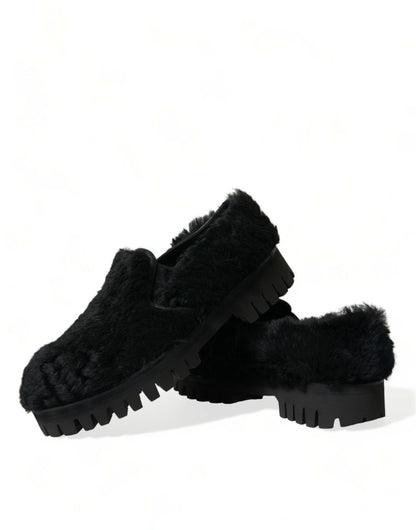 Dolce & Gabbana Zapatos de vestir con pantuflas de cuero con pelo negros
