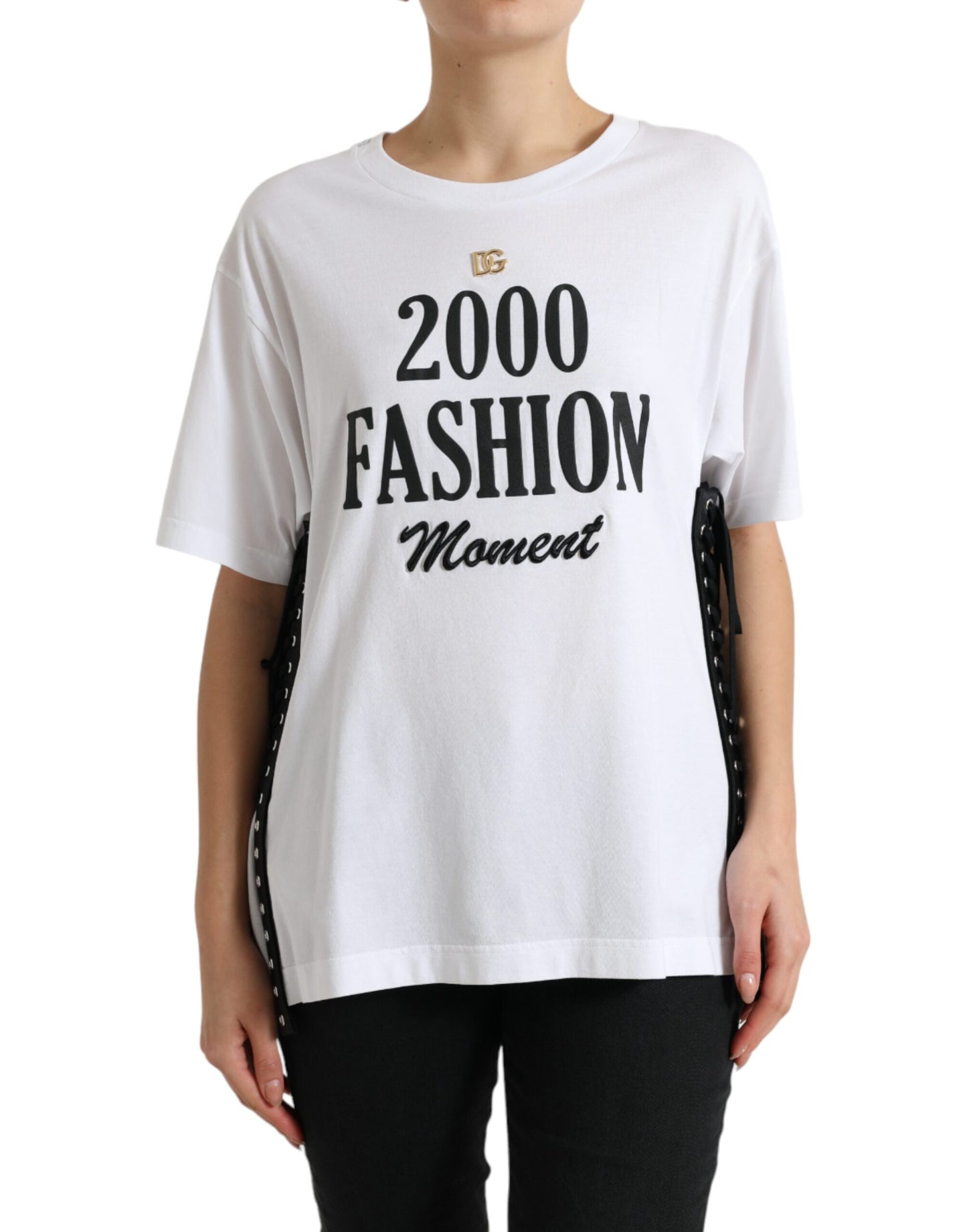 Dolce & Gabbana Camiseta blanca con estampado de eslogan y detalles de cordones