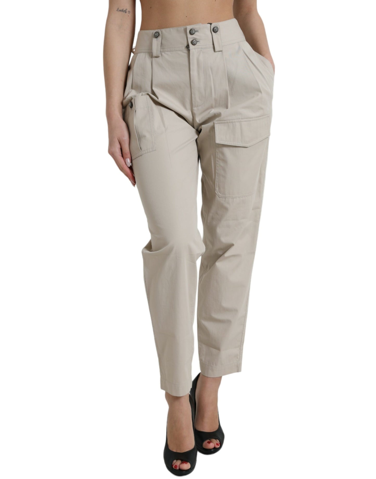 Pantalones ajustados de tiro alto de algodón beige Dolce & Gabbana