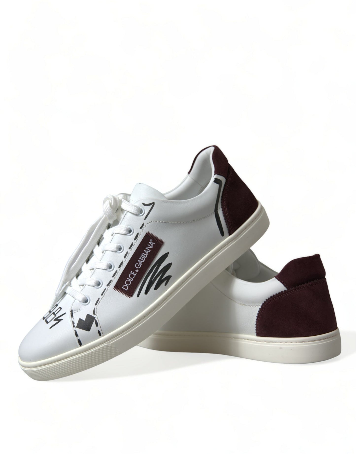 Zapatillas bajas de piel burdeos blancas con logotipo de Dolce & Gabbana