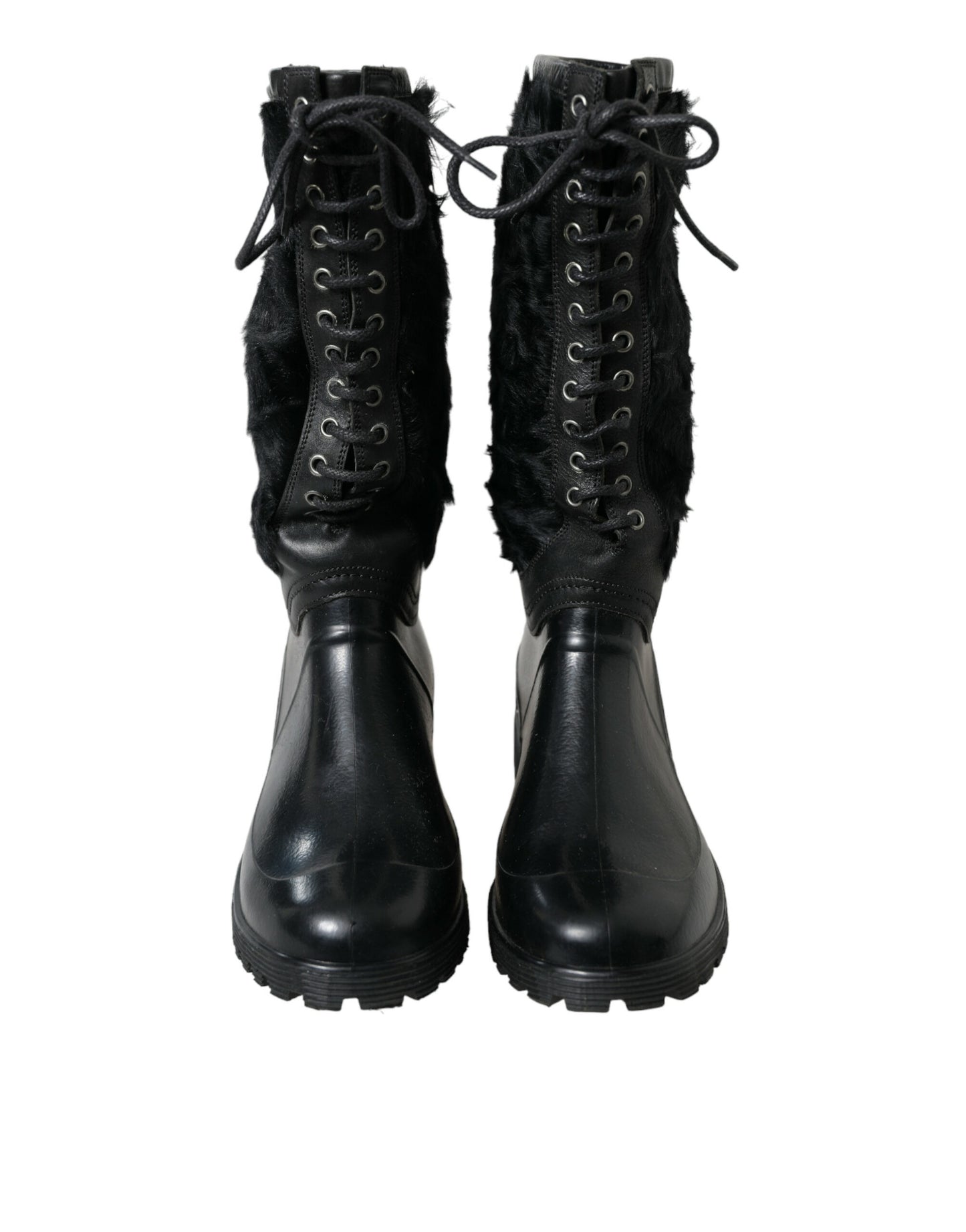 Dolce & Gabbana Botas de lluvia de goma negra con cordones y piel de oveja
