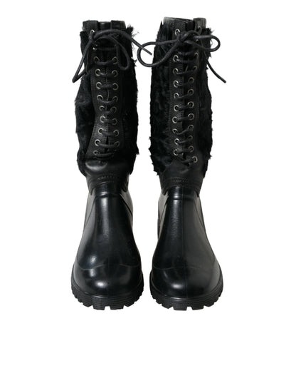 Dolce & Gabbana Botas de lluvia de goma negra con cordones y piel de oveja
