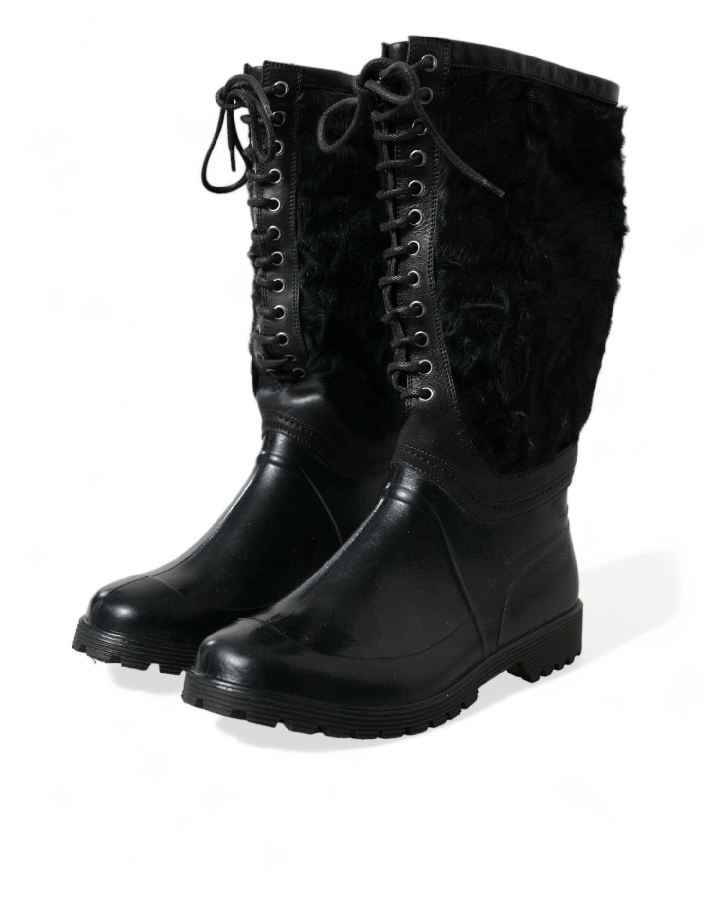 Dolce & Gabbana Botas de lluvia de goma negra con cordones y piel de oveja