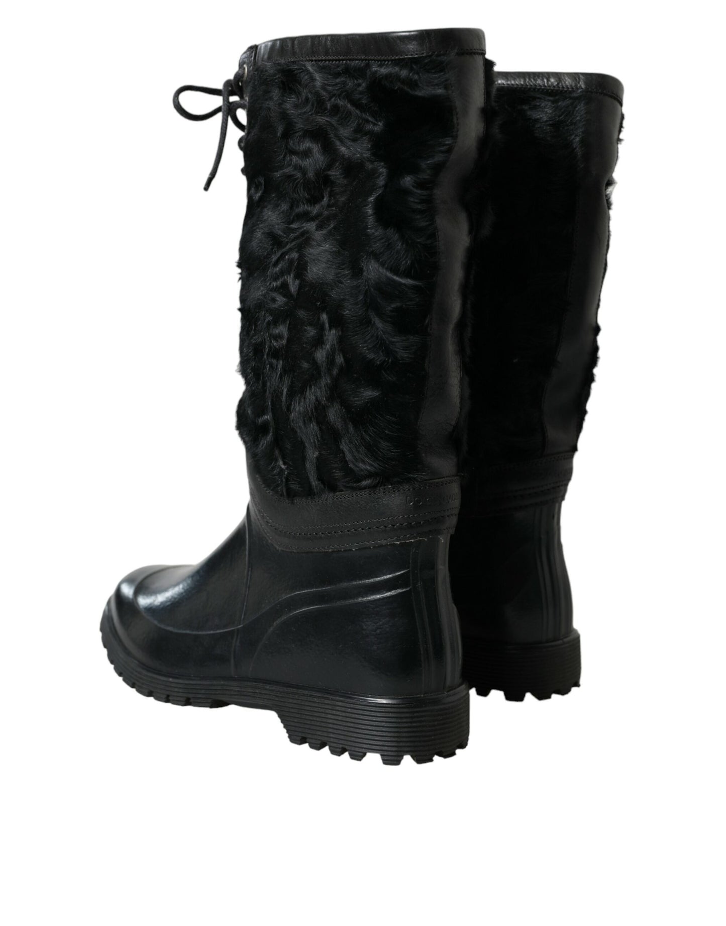 Dolce & Gabbana Botas de lluvia de goma negra con cordones y piel de oveja