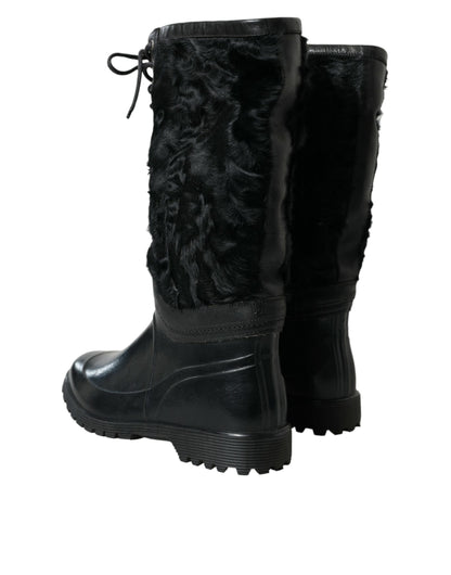 Dolce & Gabbana Botas de lluvia de goma negra con cordones y piel de oveja