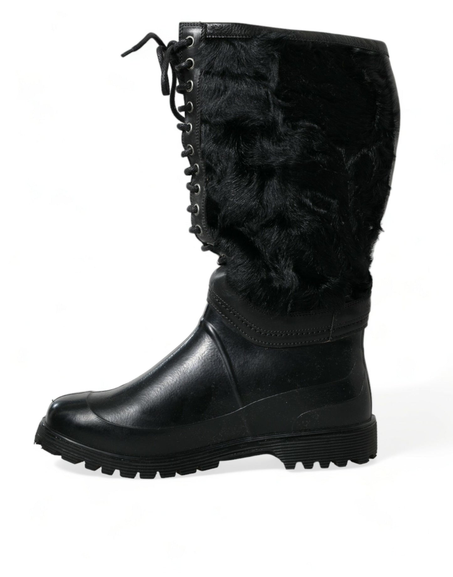 Dolce & Gabbana Botas de lluvia de goma negra con cordones y piel de oveja
