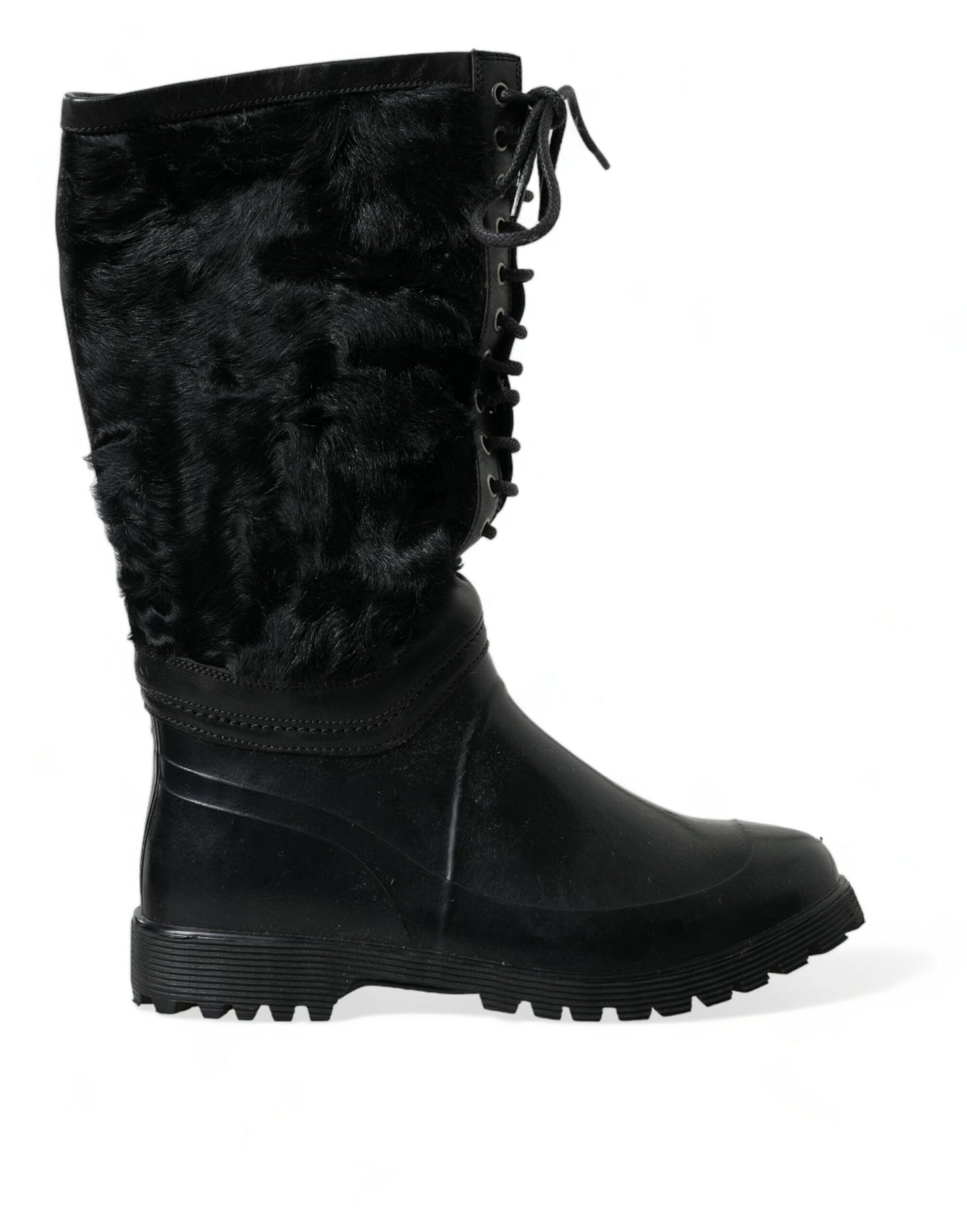 Dolce & Gabbana Botas de lluvia de goma negra con cordones y piel de oveja