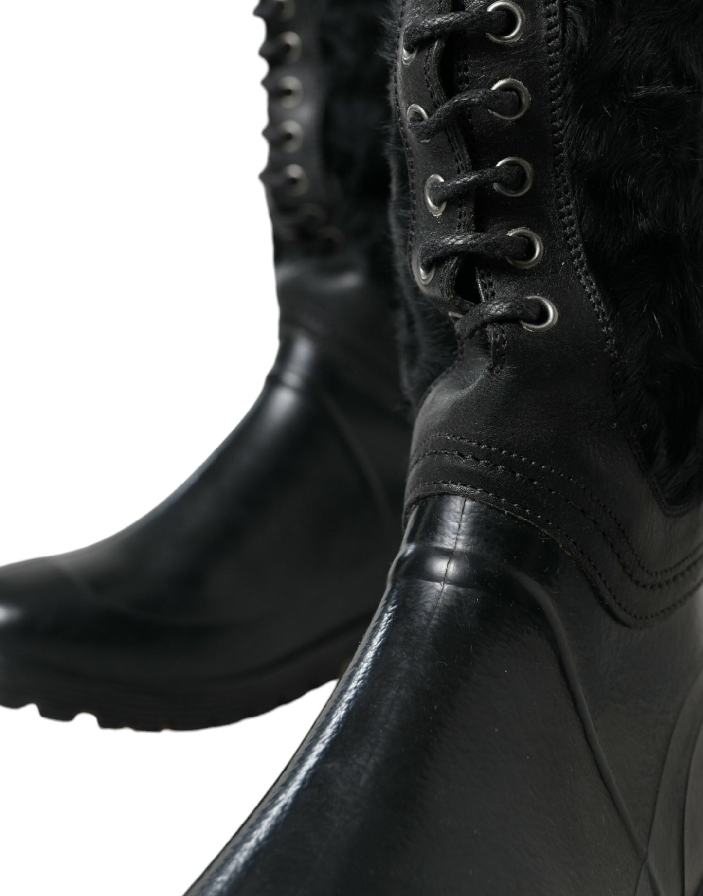 Dolce & Gabbana Botas de lluvia de goma negra con cordones y piel de oveja