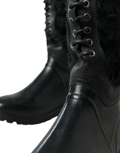 Dolce & Gabbana Botas de lluvia de goma negra con cordones y piel de oveja