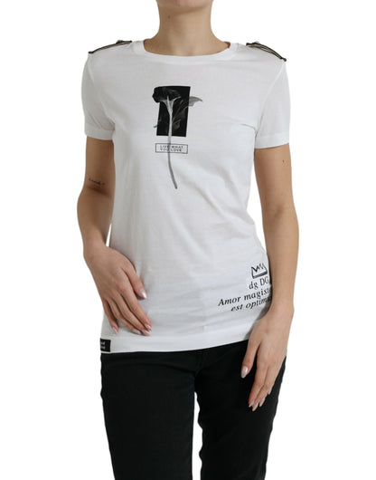 Camiseta de algodón de cuello redondo con rosas blancas y negras de Dolce & Gabbana