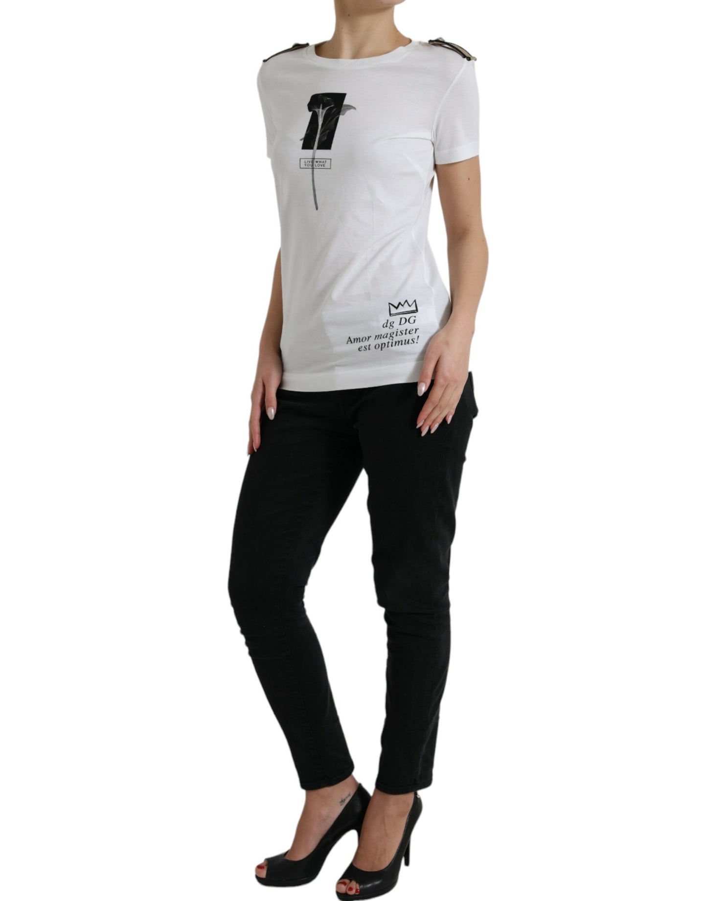 Camiseta de algodón de cuello redondo con rosas blancas y negras de Dolce & Gabbana