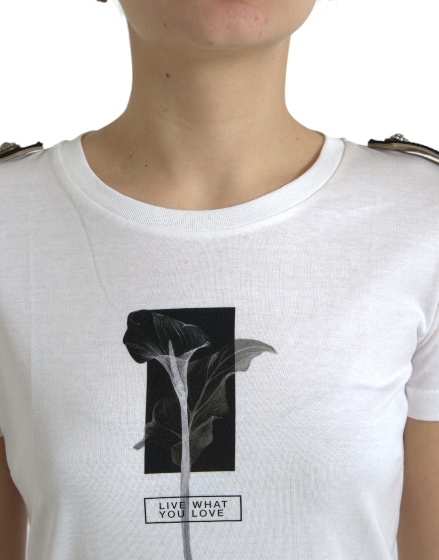 Camiseta de algodón de cuello redondo con rosas blancas y negras de Dolce & Gabbana