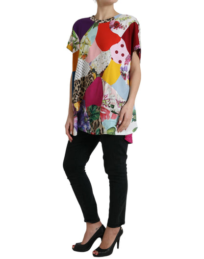 Dolce & Gabbana Blusa Top de Algodón y Seda con Parches Multicolor