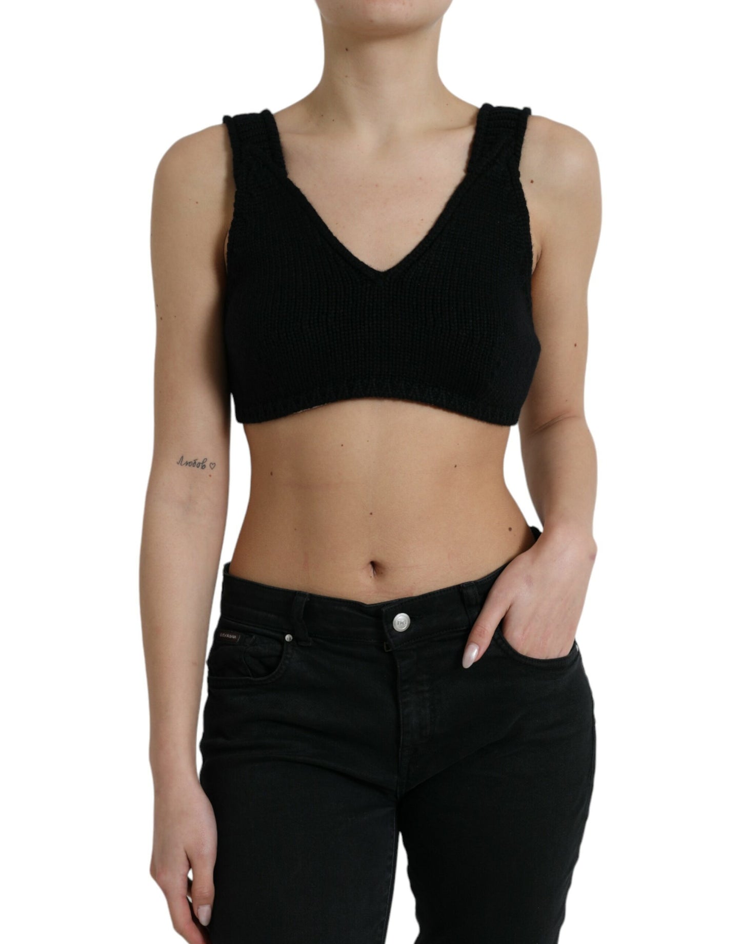 Top bustier corto de cachemir negro con cuello de pico de Dolce & Gabbana
