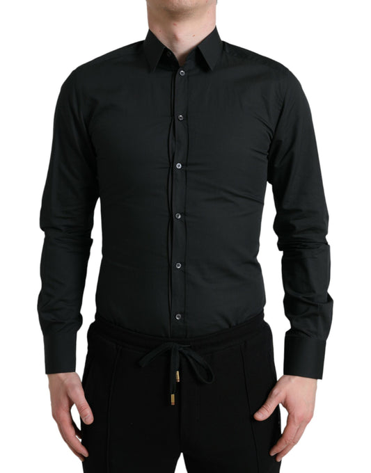 Camisa de vestir formal dorada de seda de algodón negro de Dolce & Gabbana