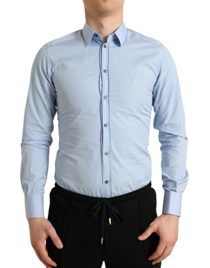 Dolce & Gabbana Camisa de vestir formal dorada de algodón azul cielo para hombre