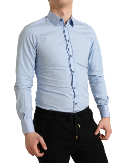 Dolce & Gabbana Camisa de vestir formal dorada de algodón azul cielo para hombre