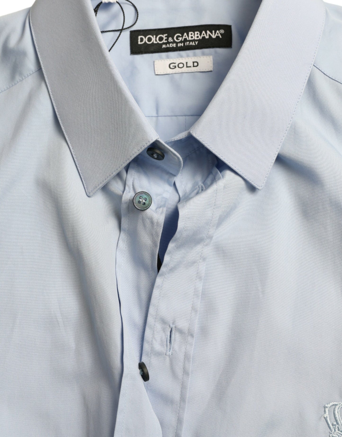 Dolce & Gabbana Camisa de vestir formal dorada de algodón azul cielo para hombre