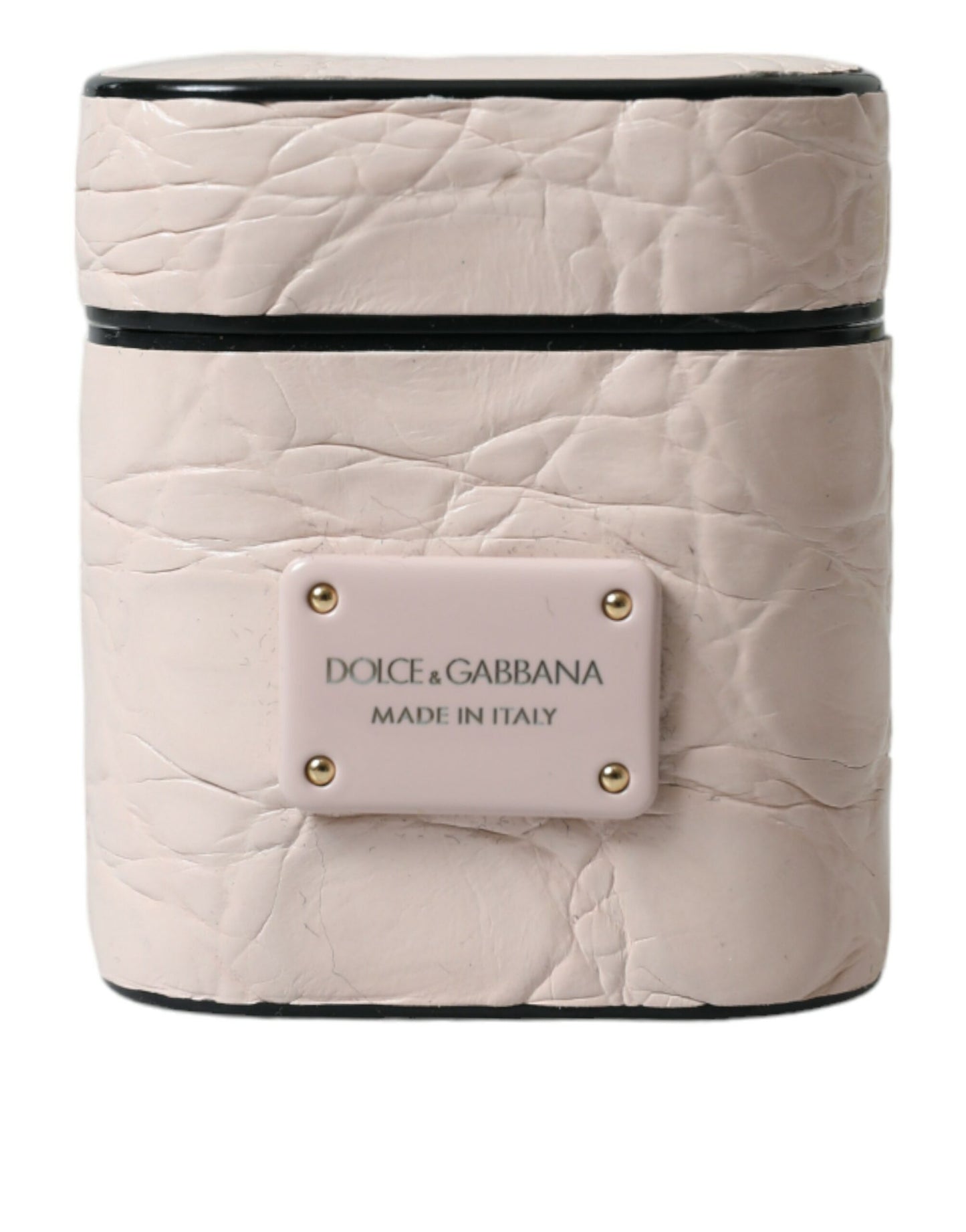 Funda para Airpods Dolce & Gabbana de piel de becerro rosa claro con placa metálica del logo