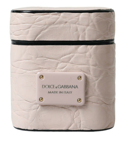Funda para Airpods Dolce & Gabbana de piel de becerro rosa claro con placa metálica del logo