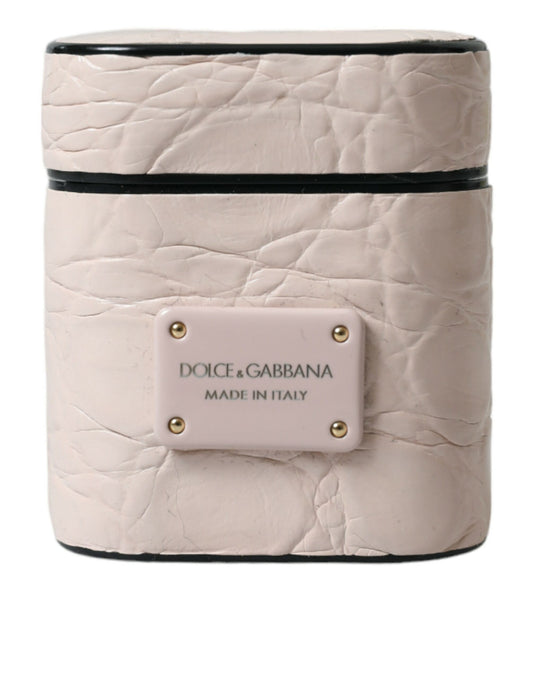 Funda para Airpods Dolce & Gabbana de piel de becerro rosa claro con placa metálica del logo