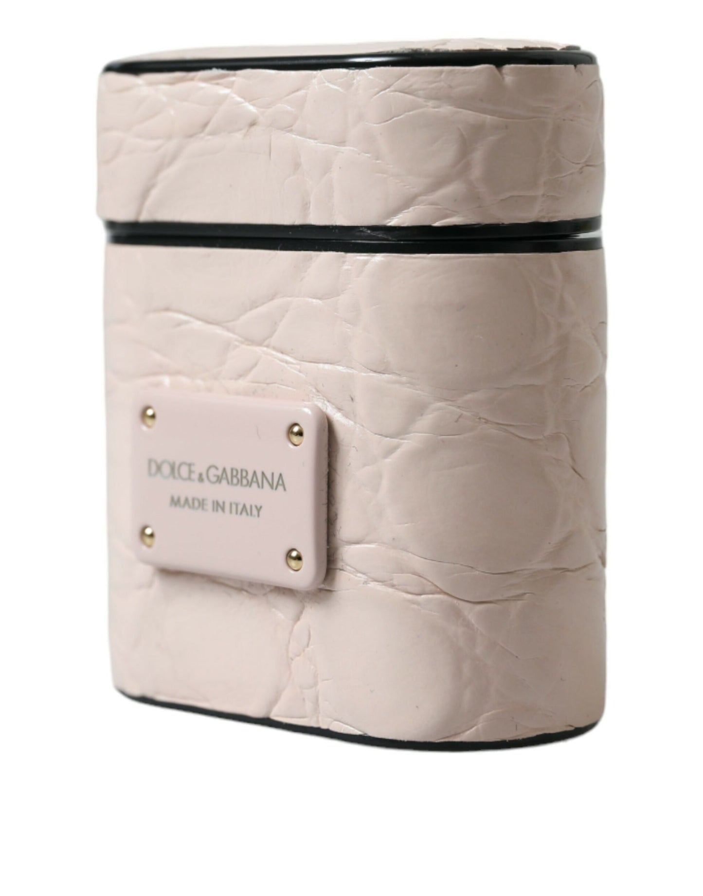 Funda para Airpods Dolce & Gabbana de piel de becerro rosa claro con placa metálica del logo