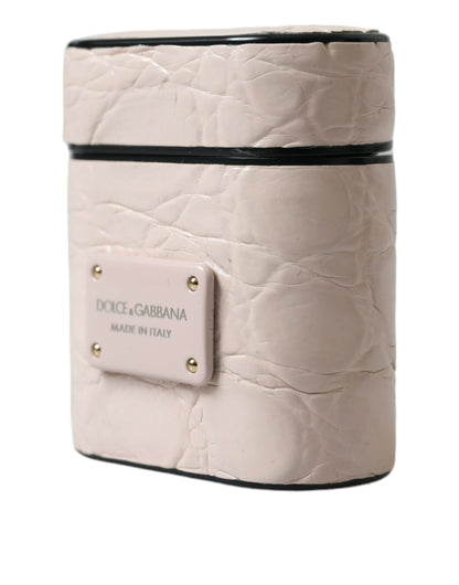 Funda para Airpods Dolce & Gabbana de piel de becerro rosa claro con placa metálica del logo